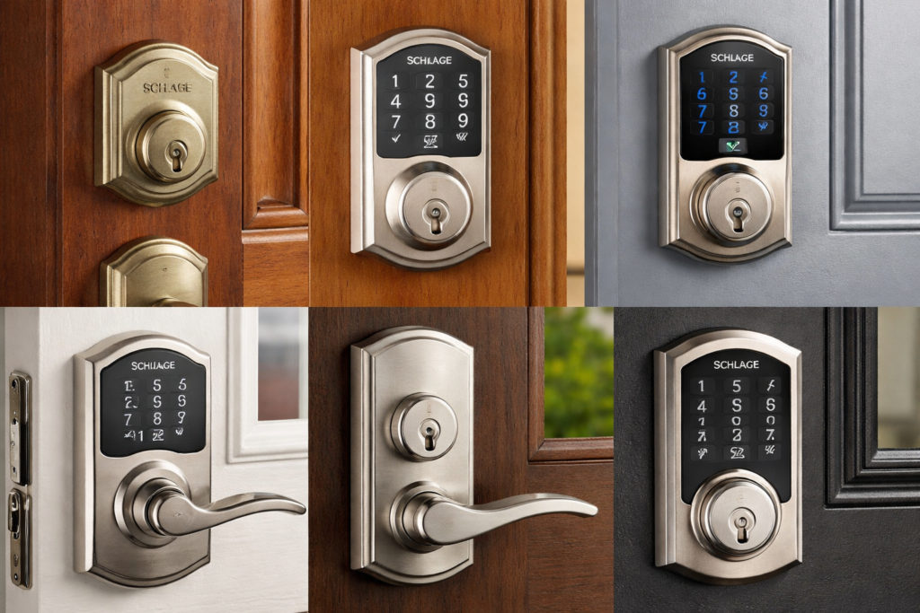 Different types of Schlage door locks mounted on wooden and metal doors