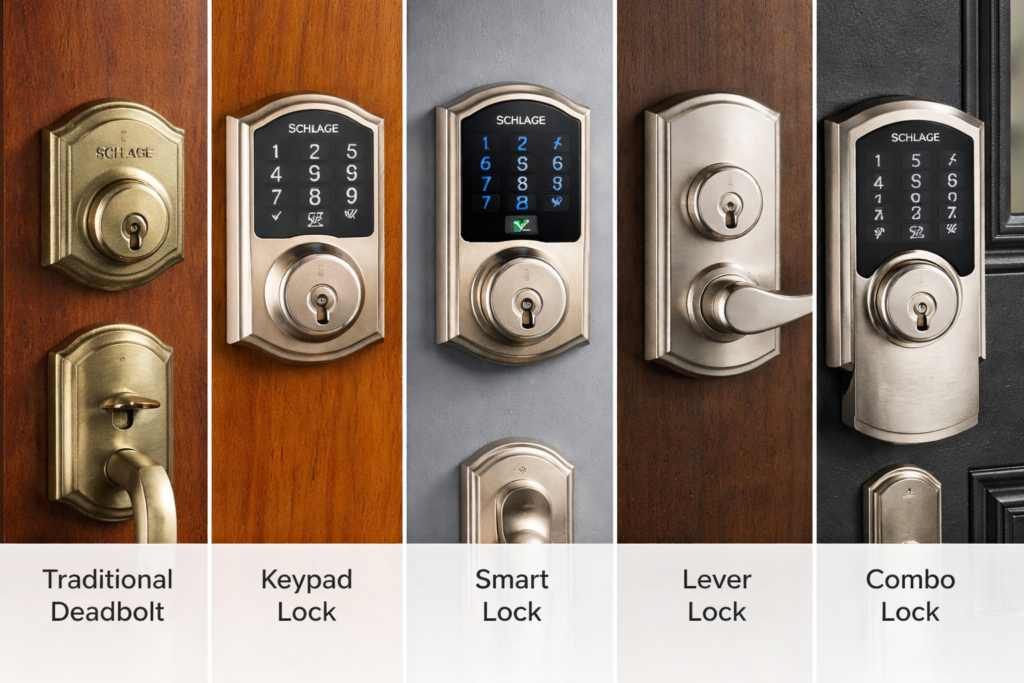 Different types of Schlage door locks mounted on wooden and metal doors
